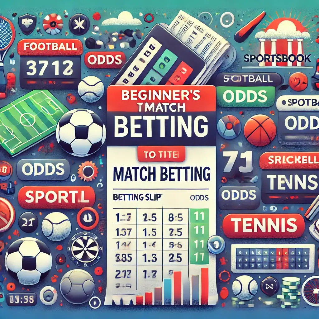 An image representing 'Beginner’s Guide to Match Betting.' The image features elements like betting slips, odds numbers, and icons of popular